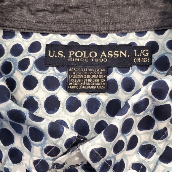 ⭐️US POLO ASSN. BOYS LG/14-16 BLUE POLKA DOT LONG SLEEVE BUTTON UP SHIRT - Picture 4 of 13